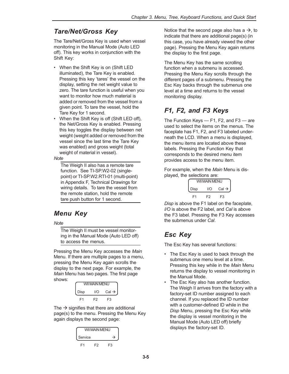F1, f2, and f3 keys, Esc key, Tare/net/gross key | Menu key | Kistler-Morse KM Weigh II User Manual | Page 17 / 120