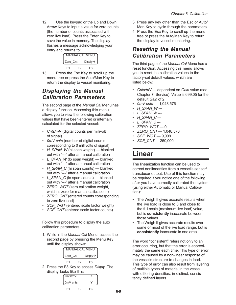 Linear, Displaying the manual calibration parameters, Resetting the manual calibration parameters | Kistler-Morse KM Weigh II User Manual | Page 47 / 120