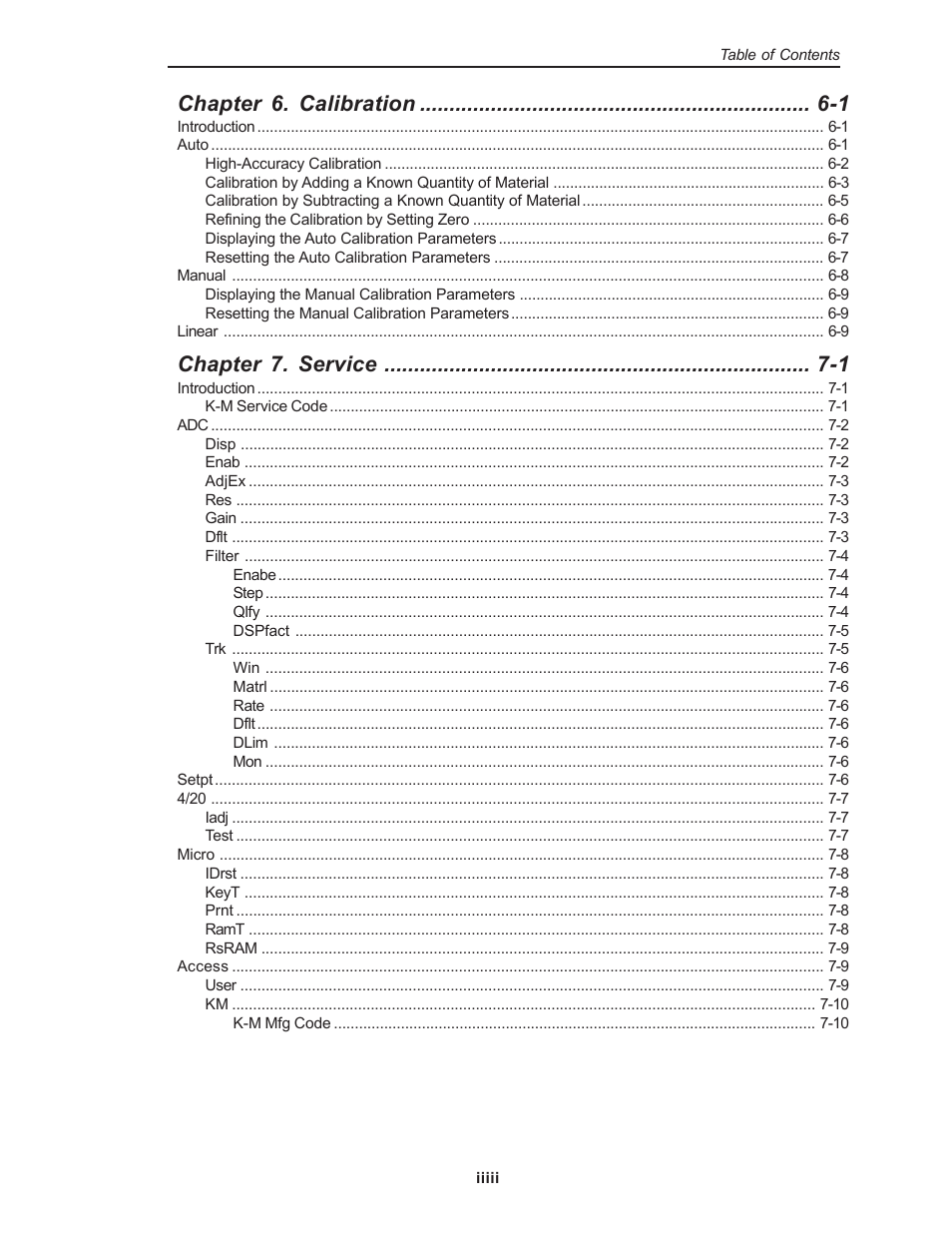 Chapter 6. calibration -1, Chapter 7. service -1 | Kistler-Morse KM Weigh II User Manual | Page 5 / 120