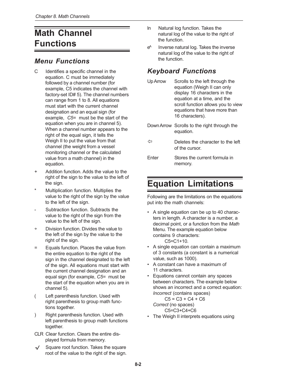 Math channel functions, Equation limitations, Menu functions | Keyboard functions | Kistler-Morse KM Weigh II User Manual | Page 62 / 120