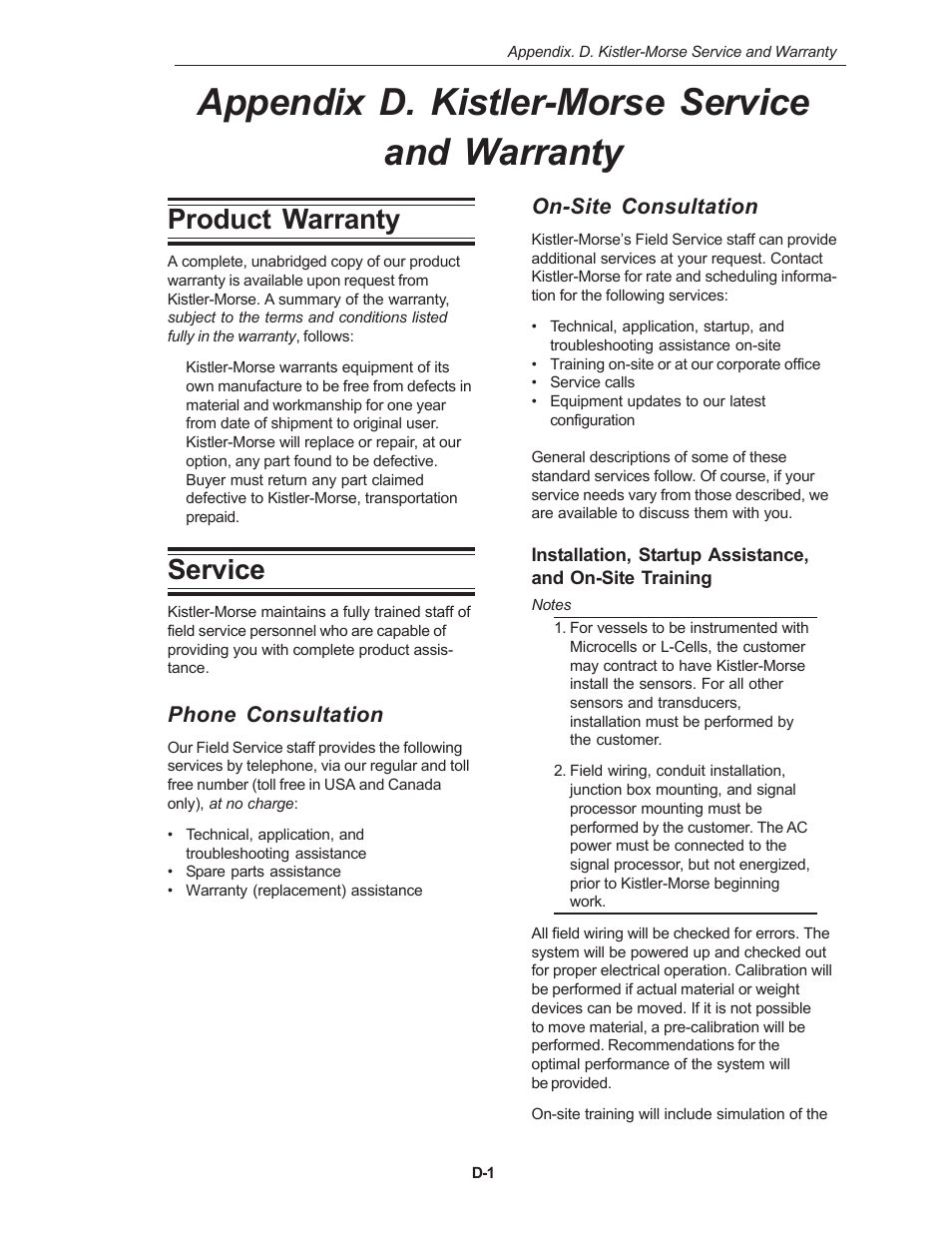 Appendix d. kistler-morse service and warranty, Product warranty, Service | Kistler-Morse KM Weigh II User Manual | Page 75 / 120