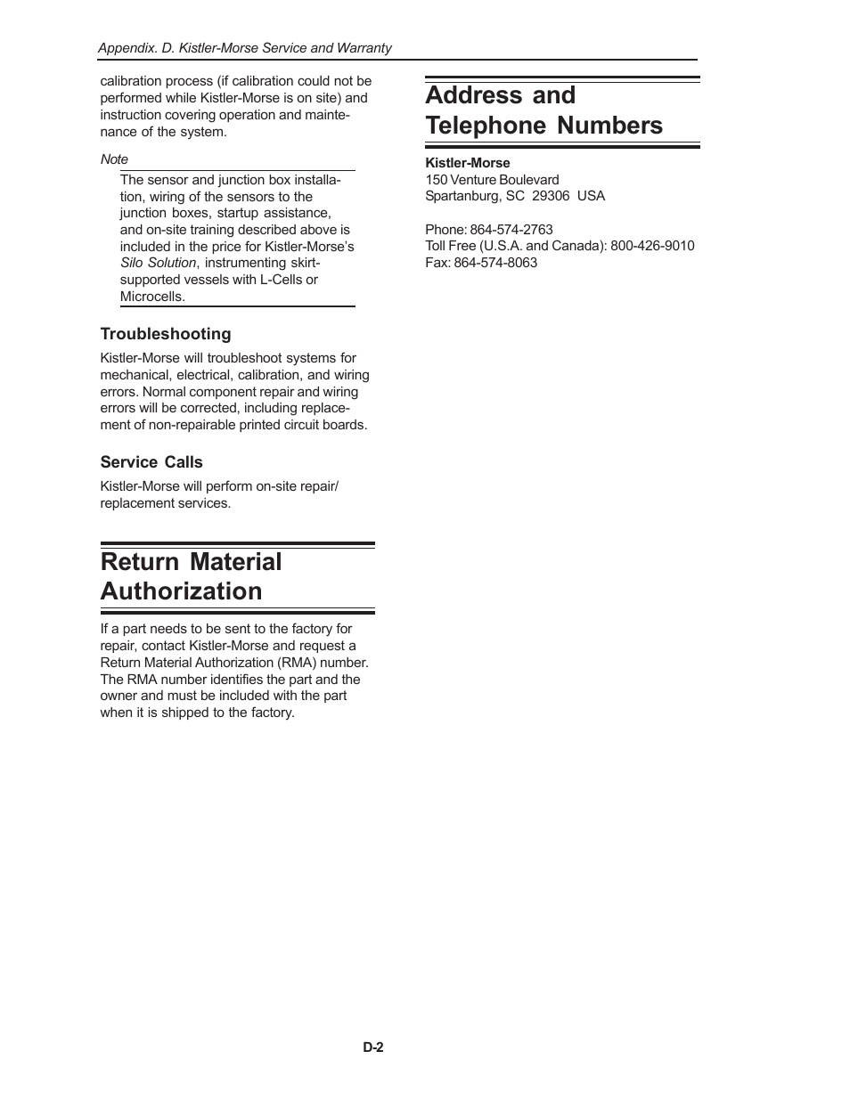 Return material authorization, Address and telephone numbers | Kistler-Morse KM Weigh II User Manual | Page 76 / 120