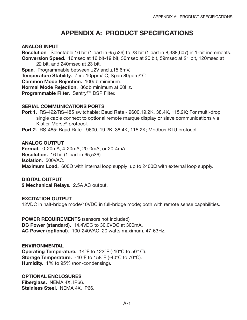 Appendix a: product specifications | Kistler-Morse KM STXPlus User Manual | Page 19 / 76