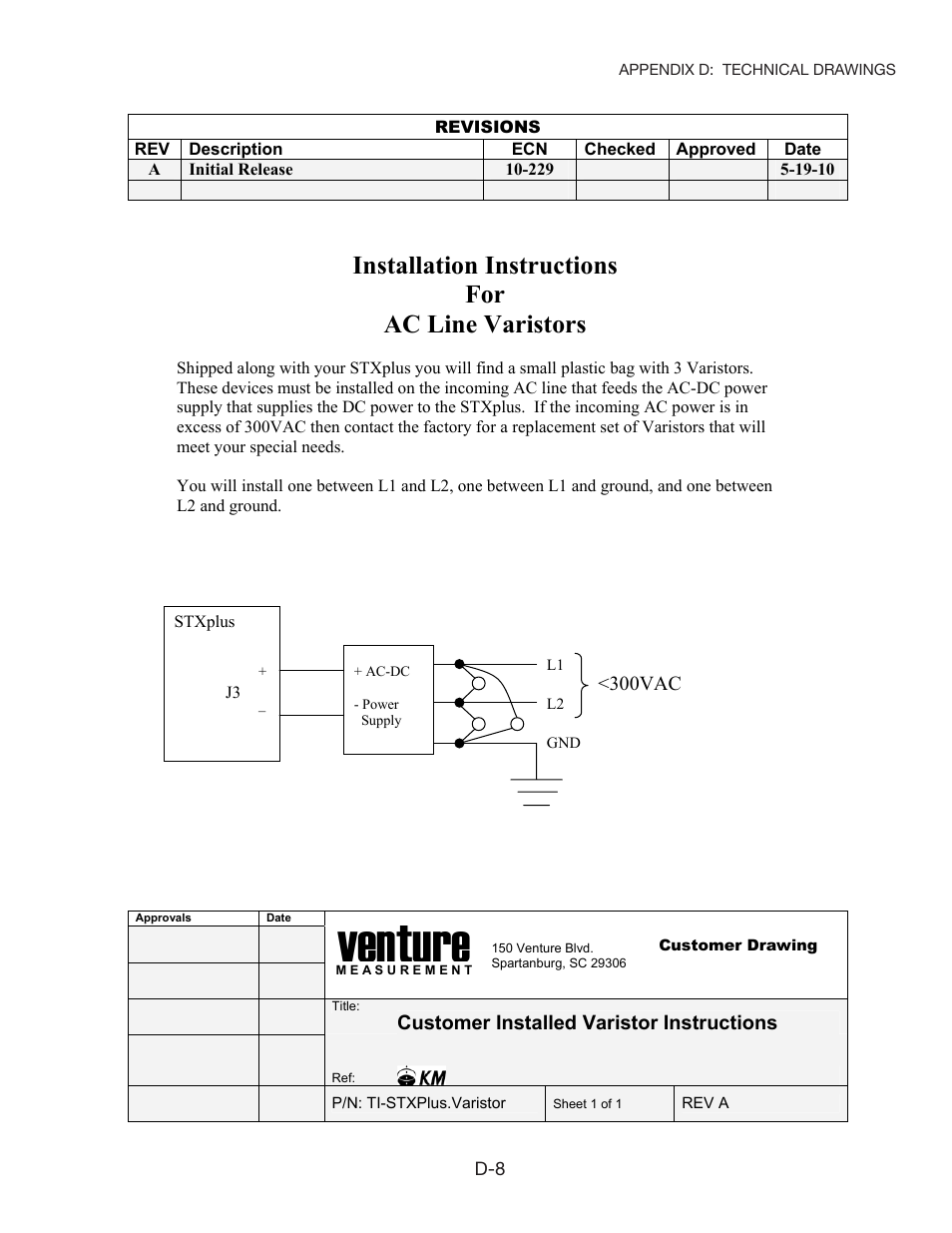 Venture, Installation instructions for ac line varistors | Kistler-Morse KM STXPlus User Manual | Page 73 / 76