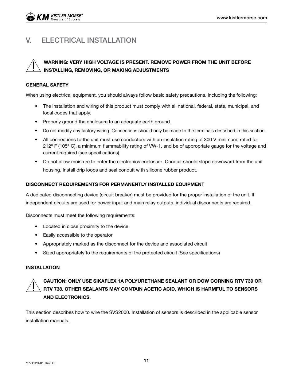 V. electrical installation | Kistler-Morse KM SVS2000 User Manual | Page 15 / 89