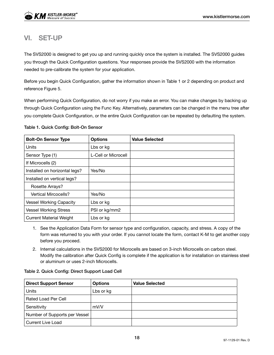 Vi. set-up | Kistler-Morse KM SVS2000 User Manual | Page 22 / 89