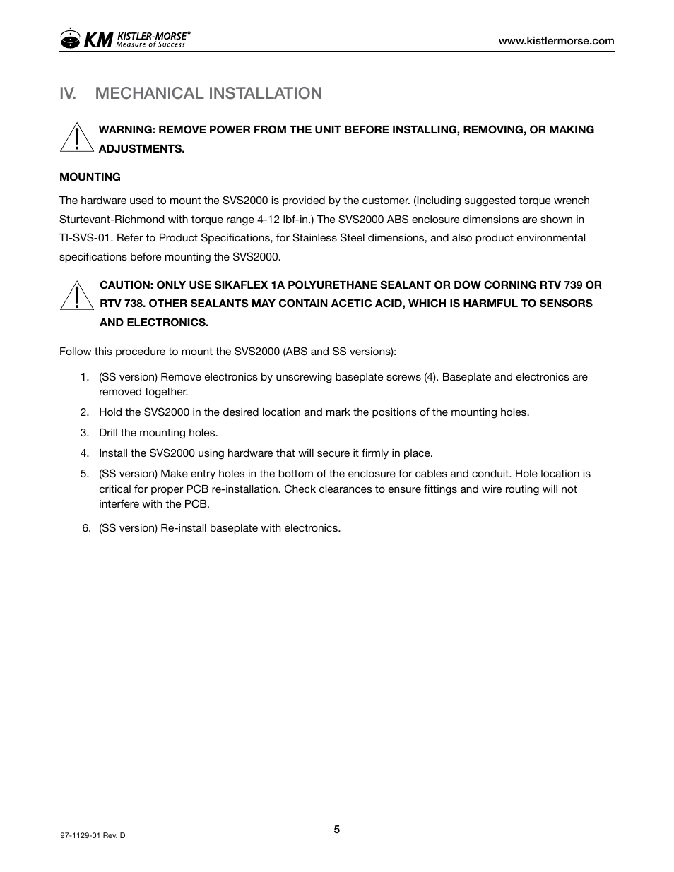 Iv. mechanical installation | Kistler-Morse KM SVS2000 User Manual | Page 9 / 89