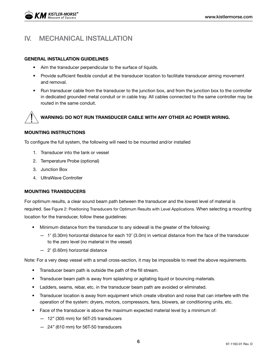 Iv. mechanical installation | Kistler-Morse KM ultrawave User Manual | Page 10 / 96