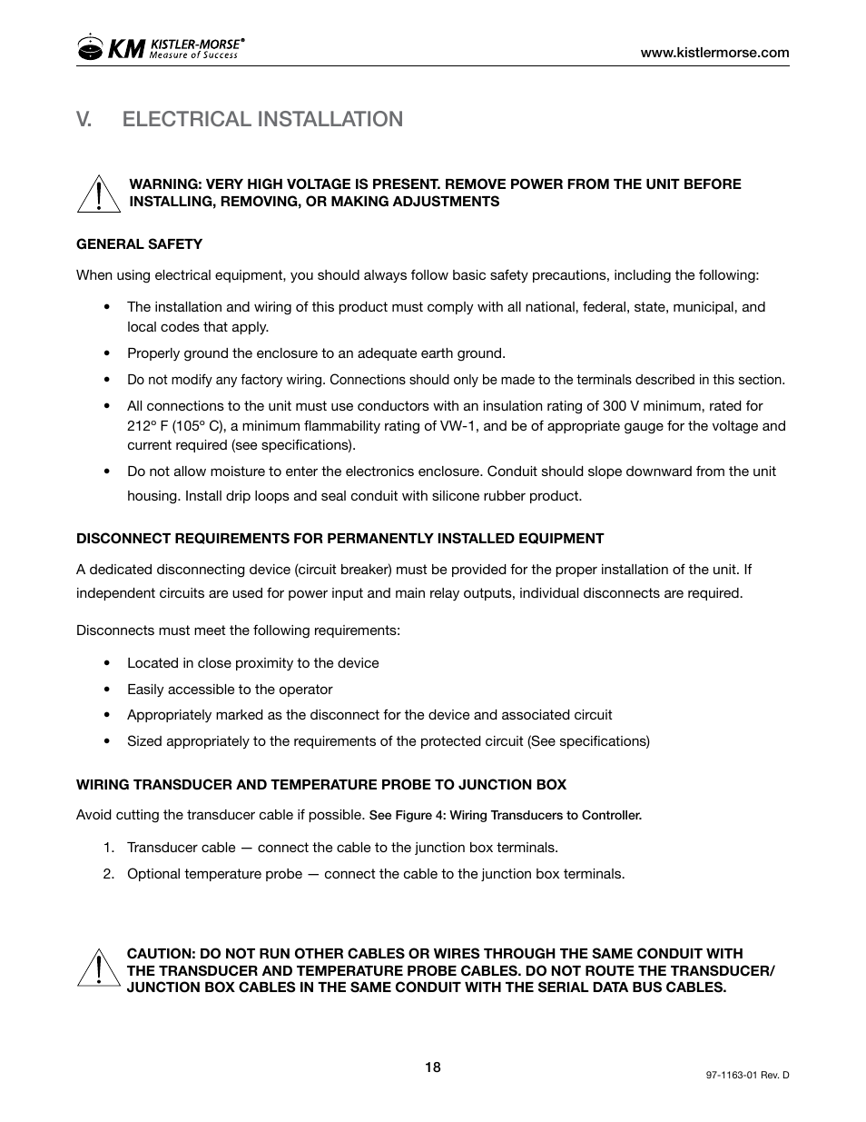 V. electrical installation | Kistler-Morse KM ultrawave User Manual | Page 22 / 96