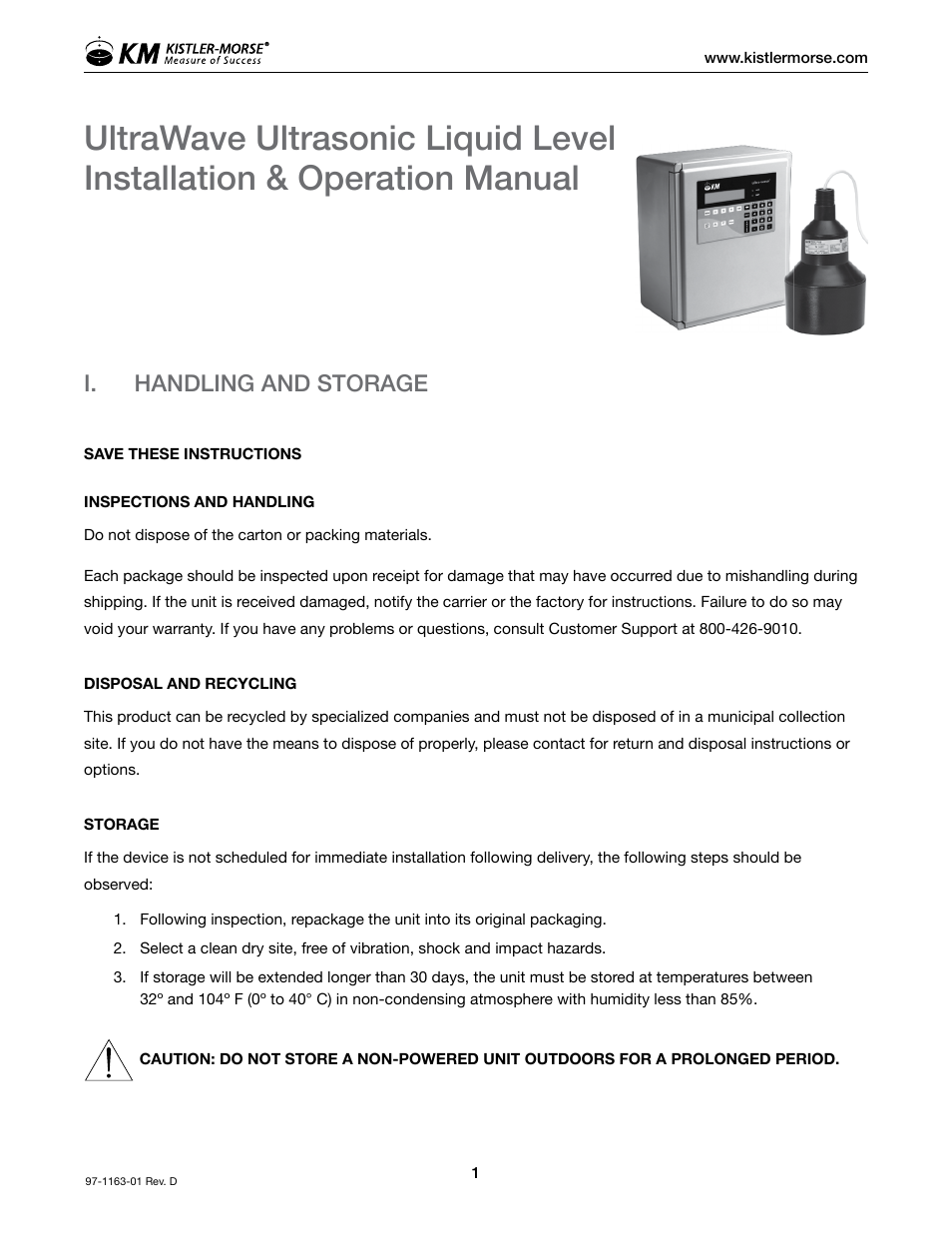 I. handling and storage | Kistler-Morse KM ultrawave User Manual | Page 5 / 96
