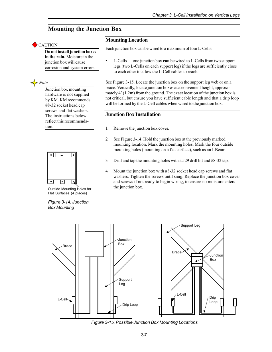 Mounting the junction box, Mounting location, Junction box installation | Kistler-Morse KM L-Cell Bolt-On User Manual | Page 21 / 98