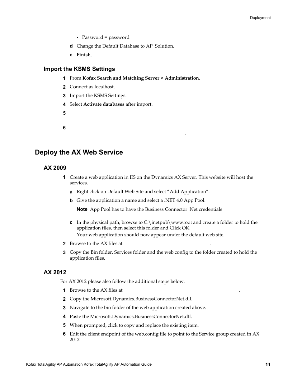 Import the ksms settings, Deploy the ax web service, Ax 2009 | Ax 2012, Ax 2009 ax 2012 | Kofax TotalAgility AP Automation User Manual | Page 11 / 43
