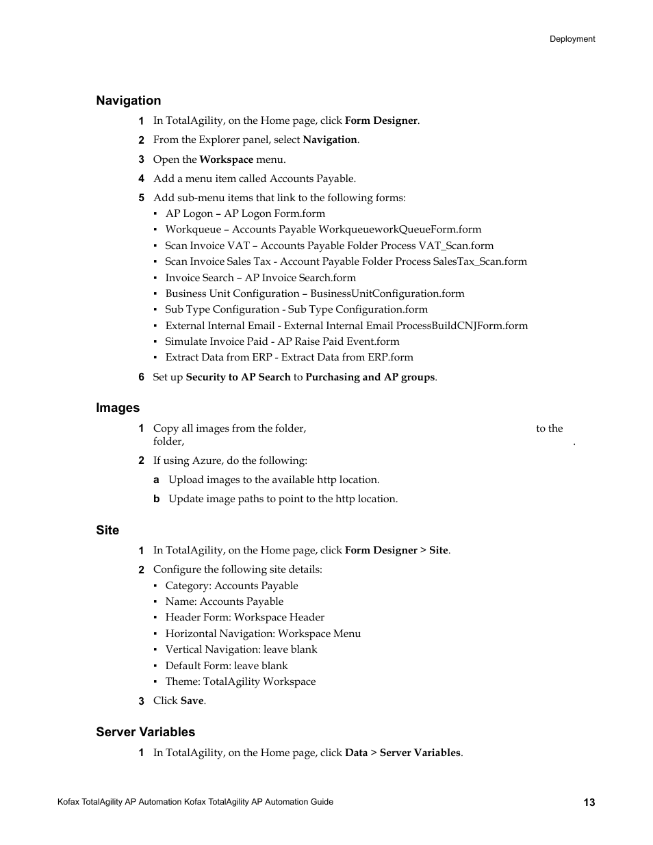 Navigation, Images, Site | Server variables, Navigation images site server variables | Kofax TotalAgility AP Automation User Manual | Page 13 / 43