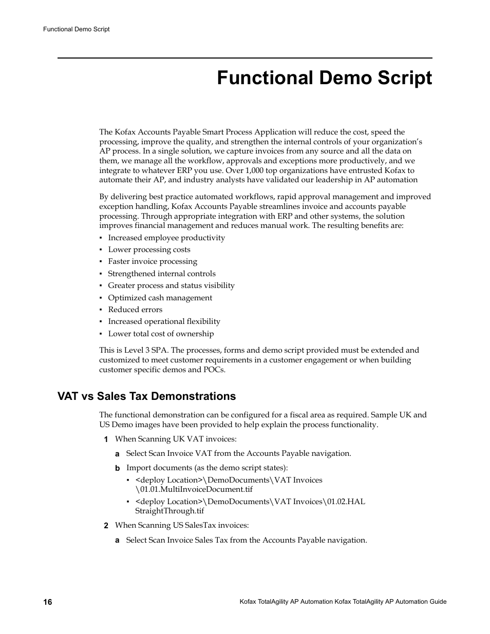 Functional demo script, Vat vs sales tax demonstrations | Kofax TotalAgility AP Automation User Manual | Page 16 / 43