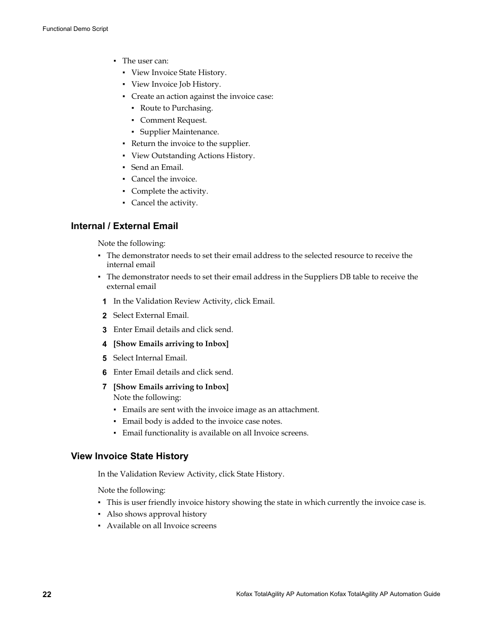 Internal / external email, View invoice state history | Kofax TotalAgility AP Automation User Manual | Page 22 / 43