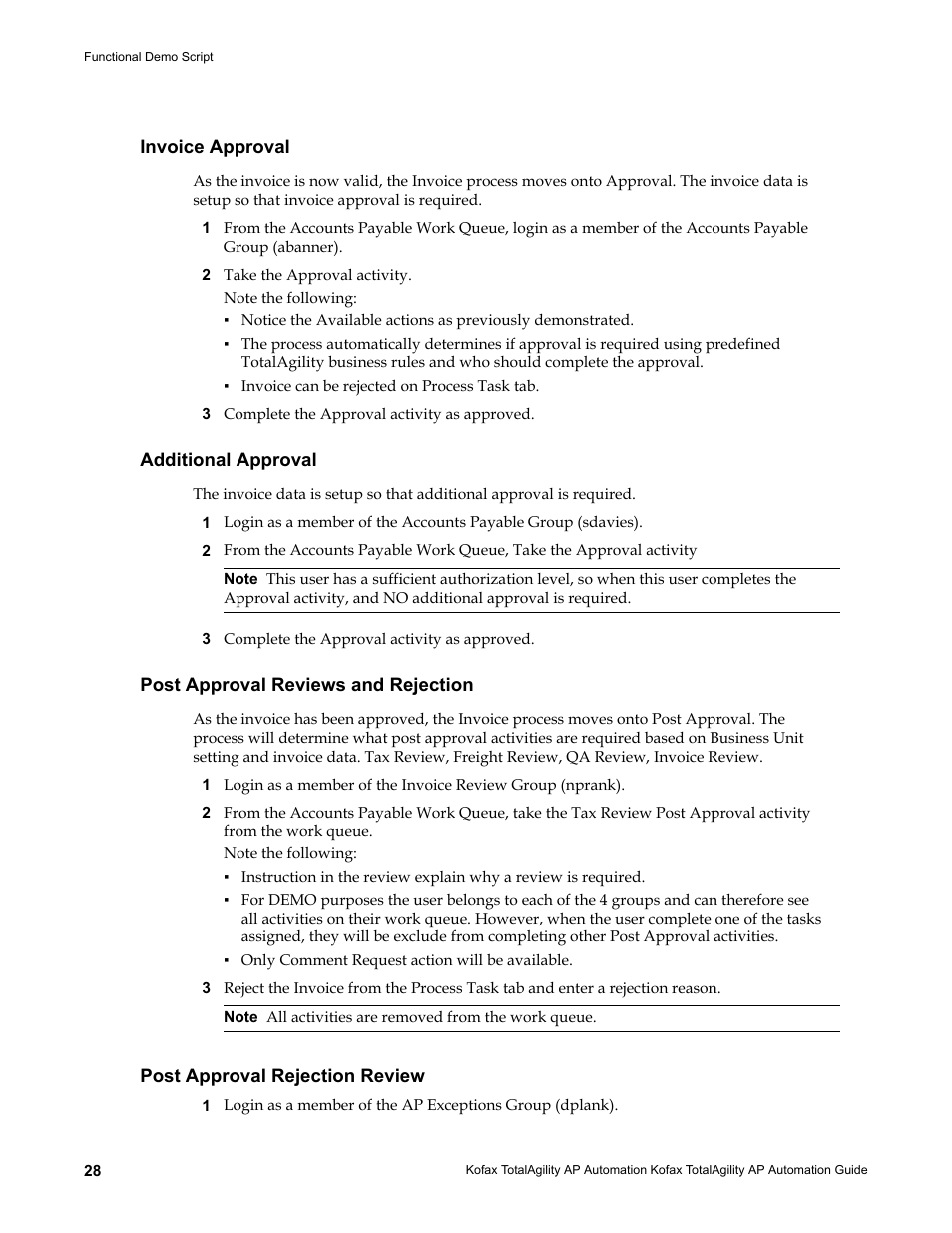 Invoice approval, Additional approval, Post approval reviews and rejection | Post approval rejection review | Kofax TotalAgility AP Automation User Manual | Page 28 / 43