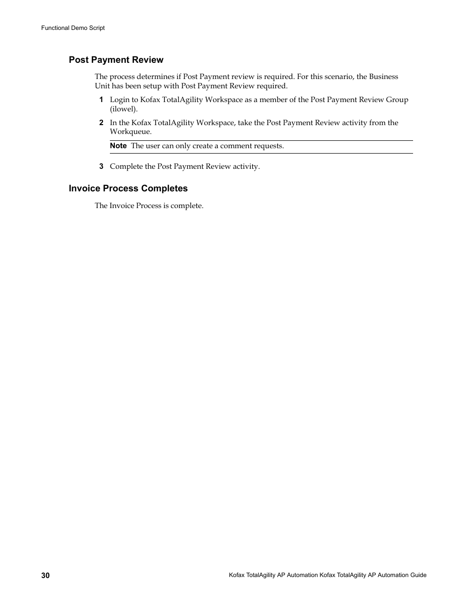 Post payment review, Invoice process completes, Post payment review invoice process completes | Kofax TotalAgility AP Automation User Manual | Page 30 / 43