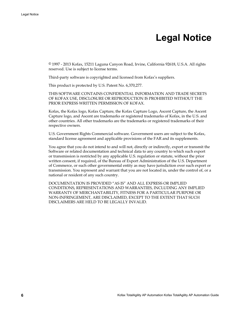 Legal notice | Kofax TotalAgility AP Automation User Manual | Page 6 / 43