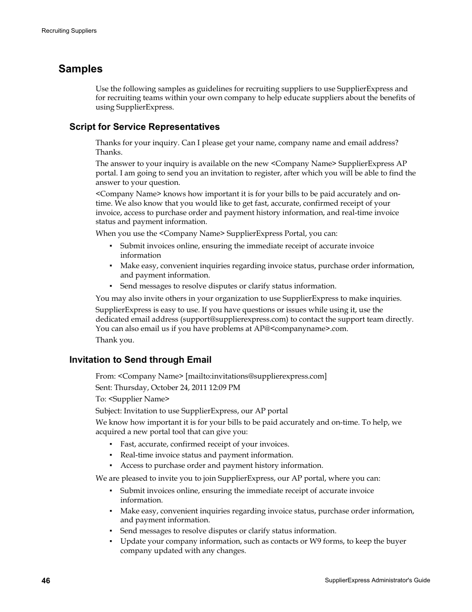 Samples, Script for service representatives, Invitation to send through email | Kofax SupplierExpress User Manual | Page 46 / 80