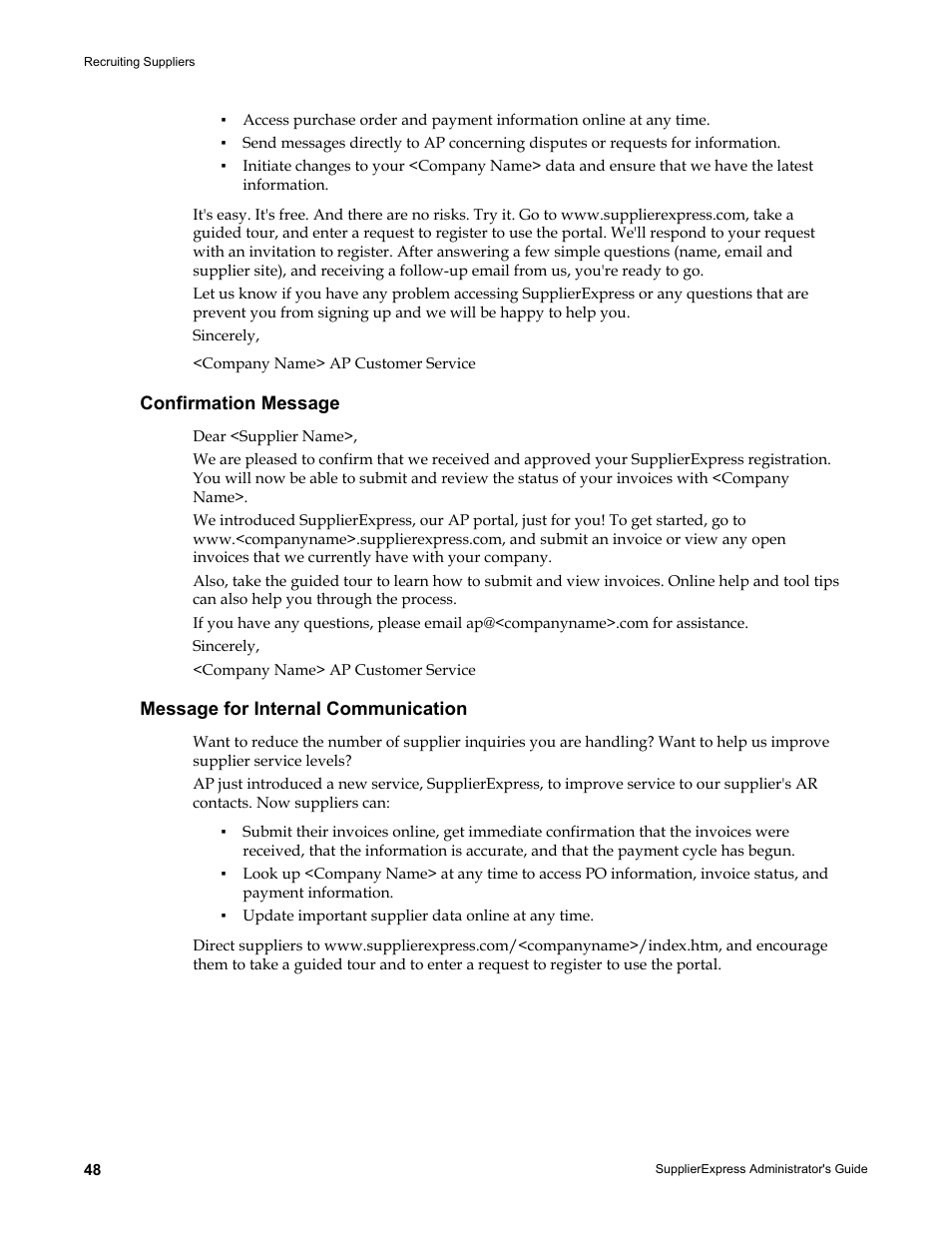 Confirmation message, Message for internal communication | Kofax SupplierExpress User Manual | Page 48 / 80