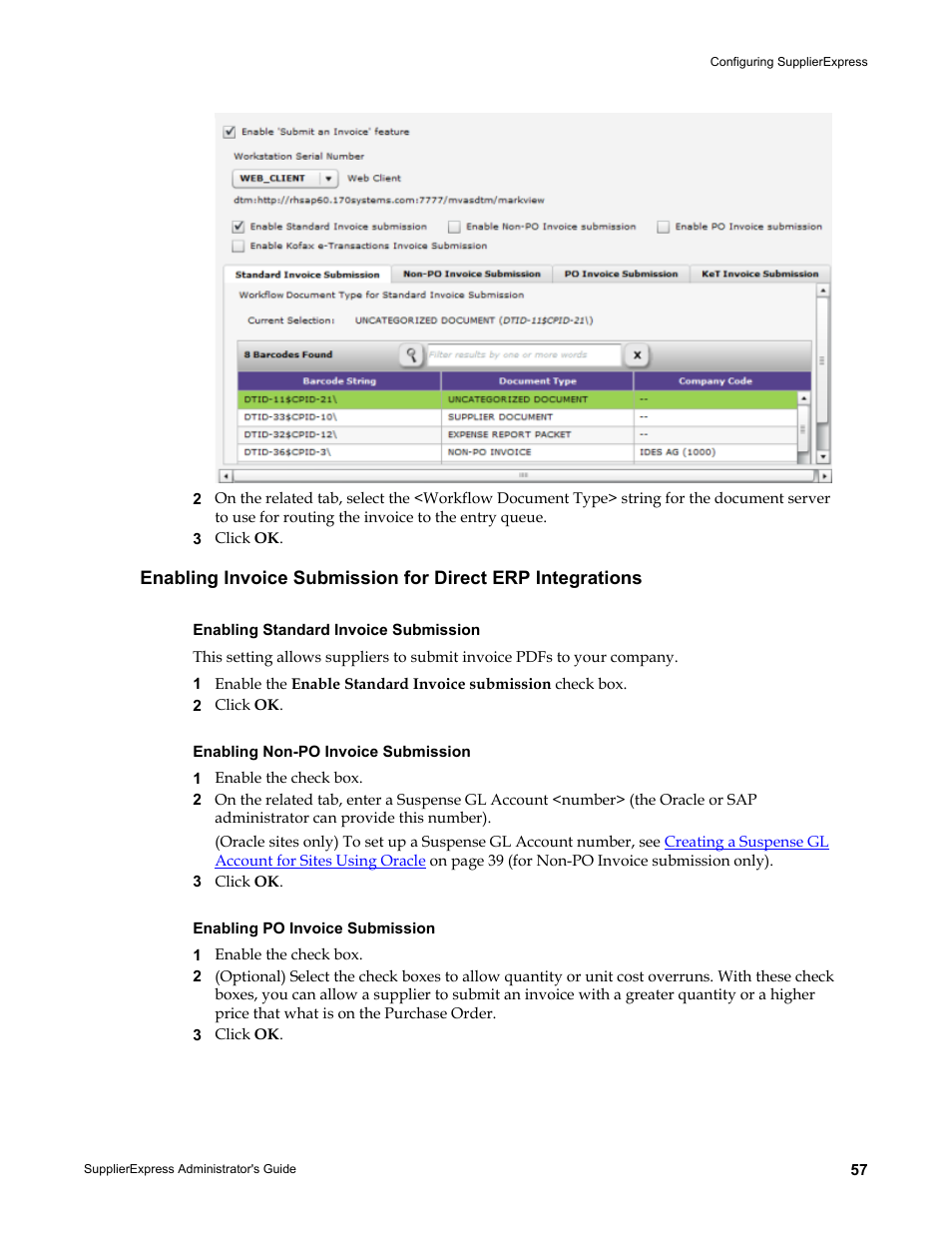 Enabling standard invoice submission, Enabling non-po invoice submission, Enabling po invoice submission | Enabling, Invoice submission for direct erp integrations | Kofax SupplierExpress User Manual | Page 57 / 80