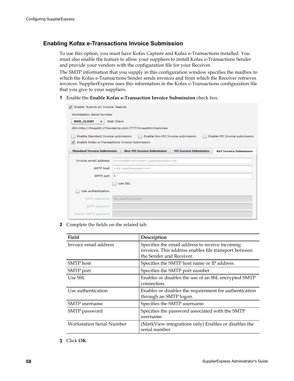 Enabling kofax e-transactions invoice submission, Enabling kofax e, Transactions invoice submission | Kofax SupplierExpress User Manual | Page 58 / 80
