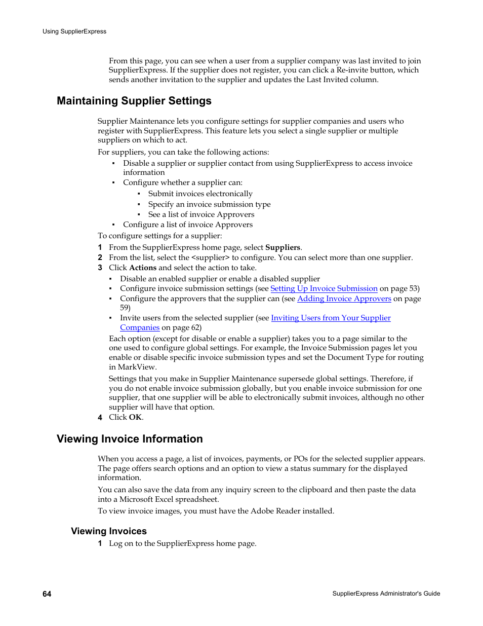 Maintaining supplier settings, Viewing invoice information, Viewing invoices | Kofax SupplierExpress User Manual | Page 64 / 80