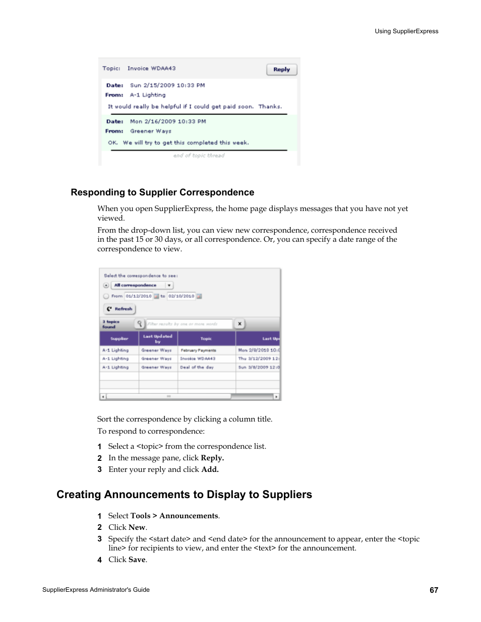 Responding to supplier correspondence, Creating announcements to display to suppliers | Kofax SupplierExpress User Manual | Page 67 / 80