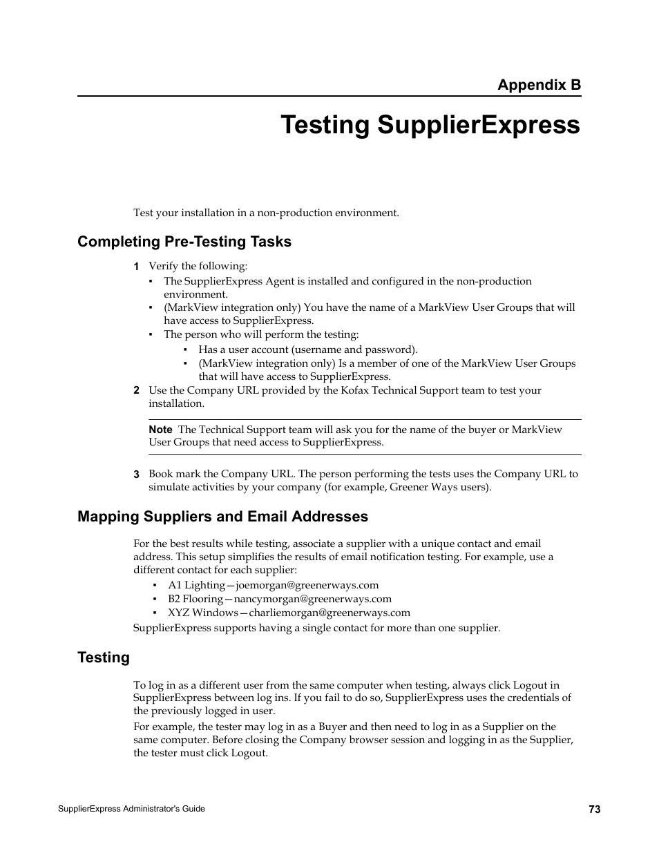Testing supplierexpress, Completing pre-testing tasks, Mapping suppliers and email addresses | Testing, Appendix b | Kofax SupplierExpress User Manual | Page 73 / 80