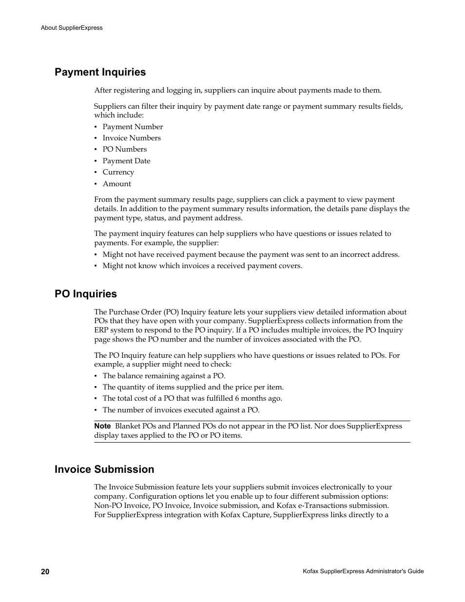 Payment inquiries, Po inquiries, Invoice submission | Payment inquiries po inquiries invoice submission | Kofax SupplierExpress User Manual | Page 20 / 94