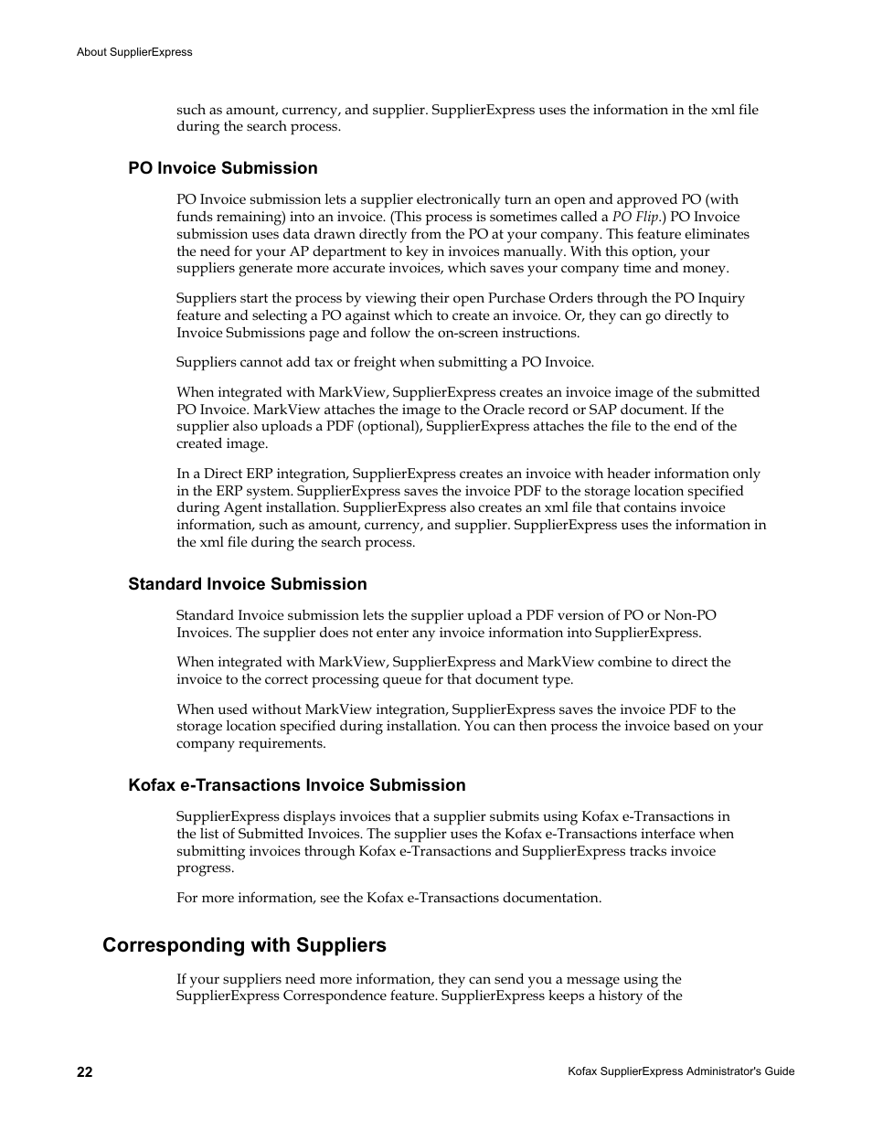 Po invoice submission, Standard invoice submission, Kofax e-transactions invoice submission | Corresponding with suppliers | Kofax SupplierExpress User Manual | Page 22 / 94