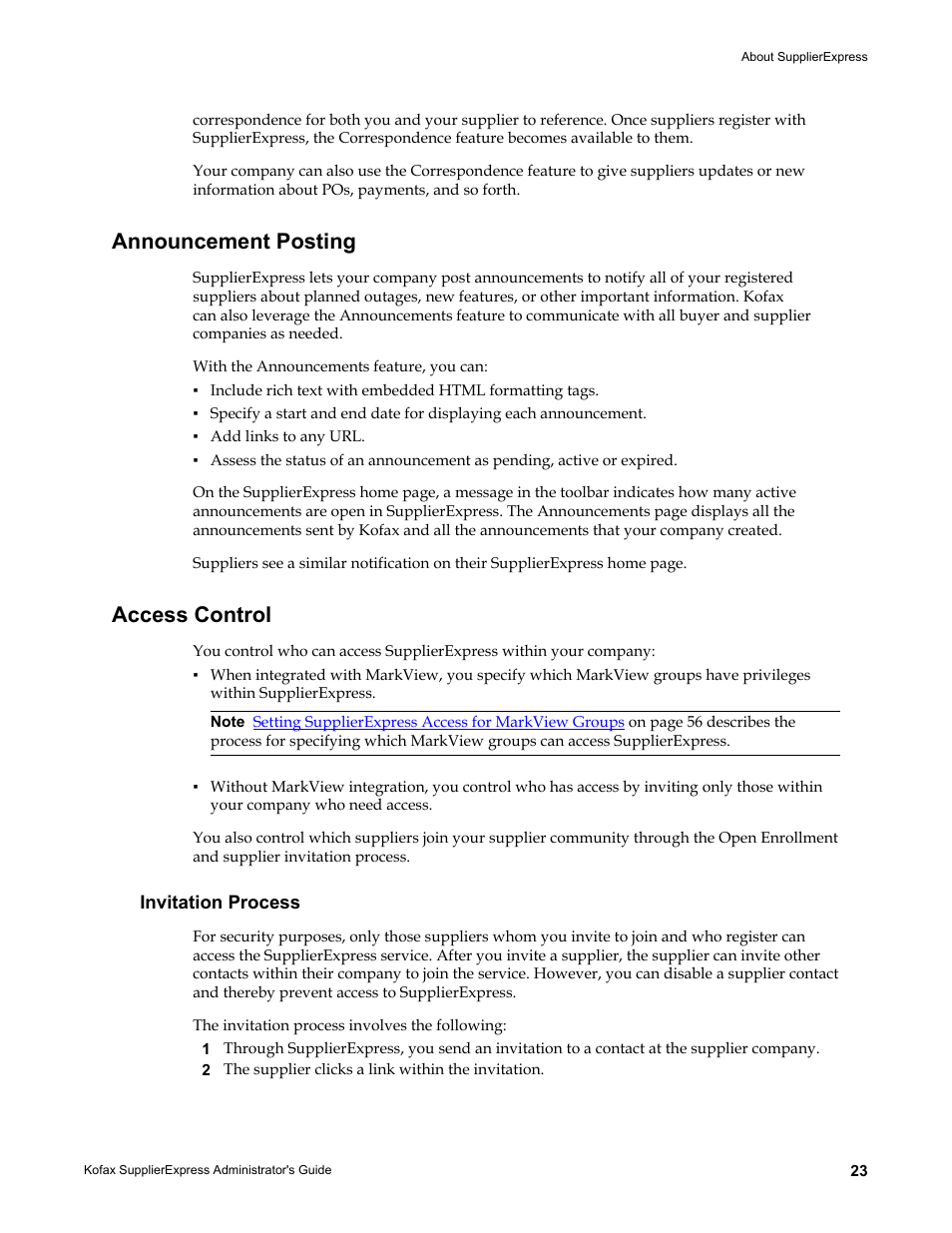 Announcement posting, Access control, Invitation process | Announcement posting access control | Kofax SupplierExpress User Manual | Page 23 / 94