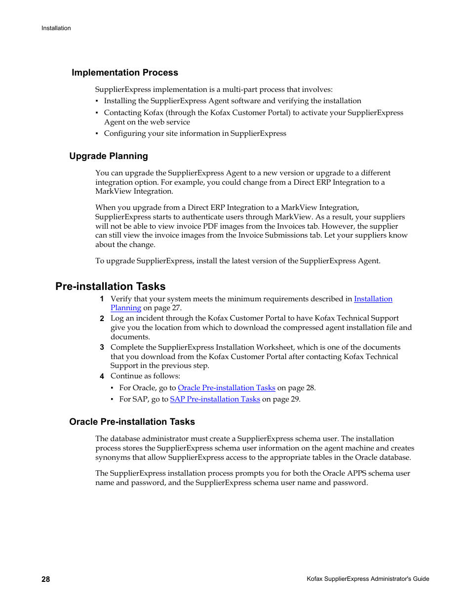 Implementation process, Upgrade planning, Pre-installation tasks | Oracle pre-installation tasks, Implementation process upgrade planning | Kofax SupplierExpress User Manual | Page 28 / 94
