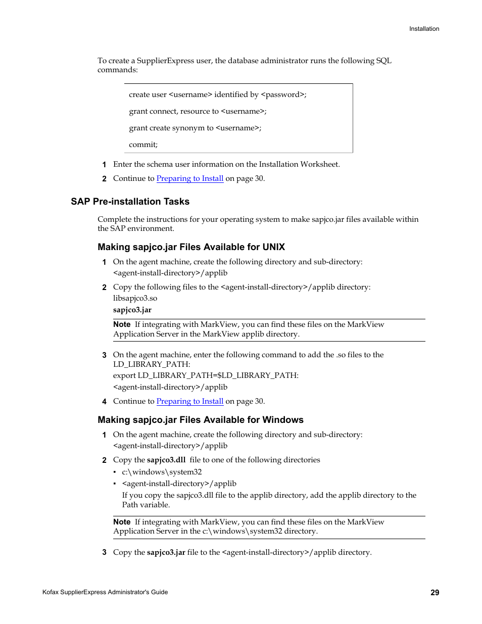 Sap pre-installation tasks, Making sapjco.jar files available for unix, Making sapjco.jar files available for windows | For sap, go to | Kofax SupplierExpress User Manual | Page 29 / 94