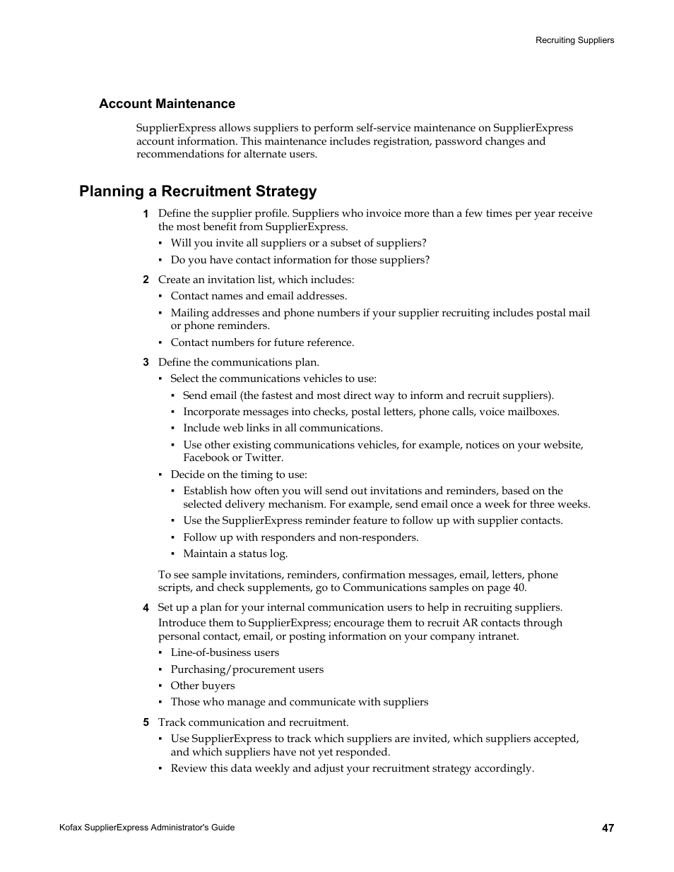 Account maintenance, Planning a recruitment strategy | Kofax SupplierExpress User Manual | Page 47 / 94