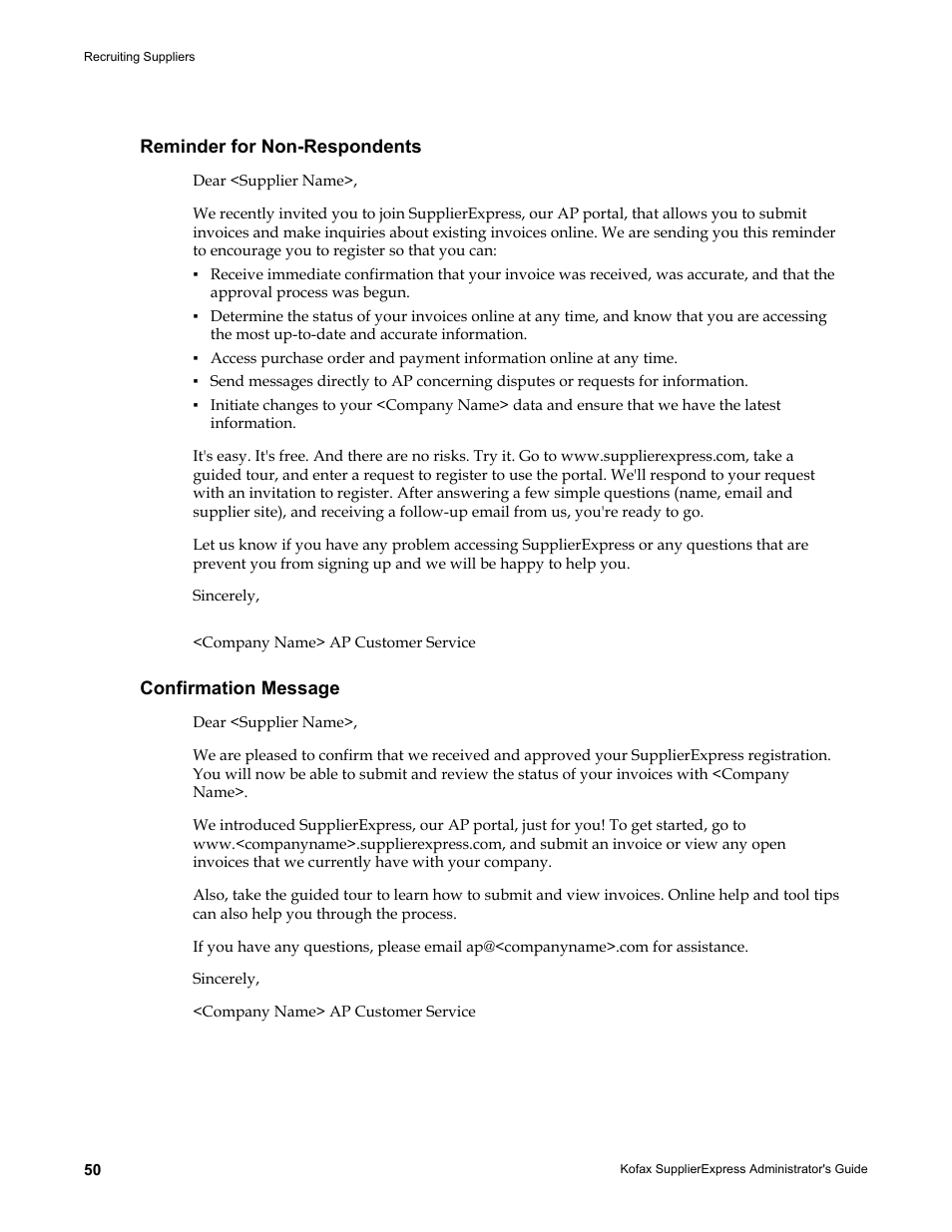Reminder for non-respondents, Confirmation message, Reminder for non-respondents confirmation message | Kofax SupplierExpress User Manual | Page 50 / 94
