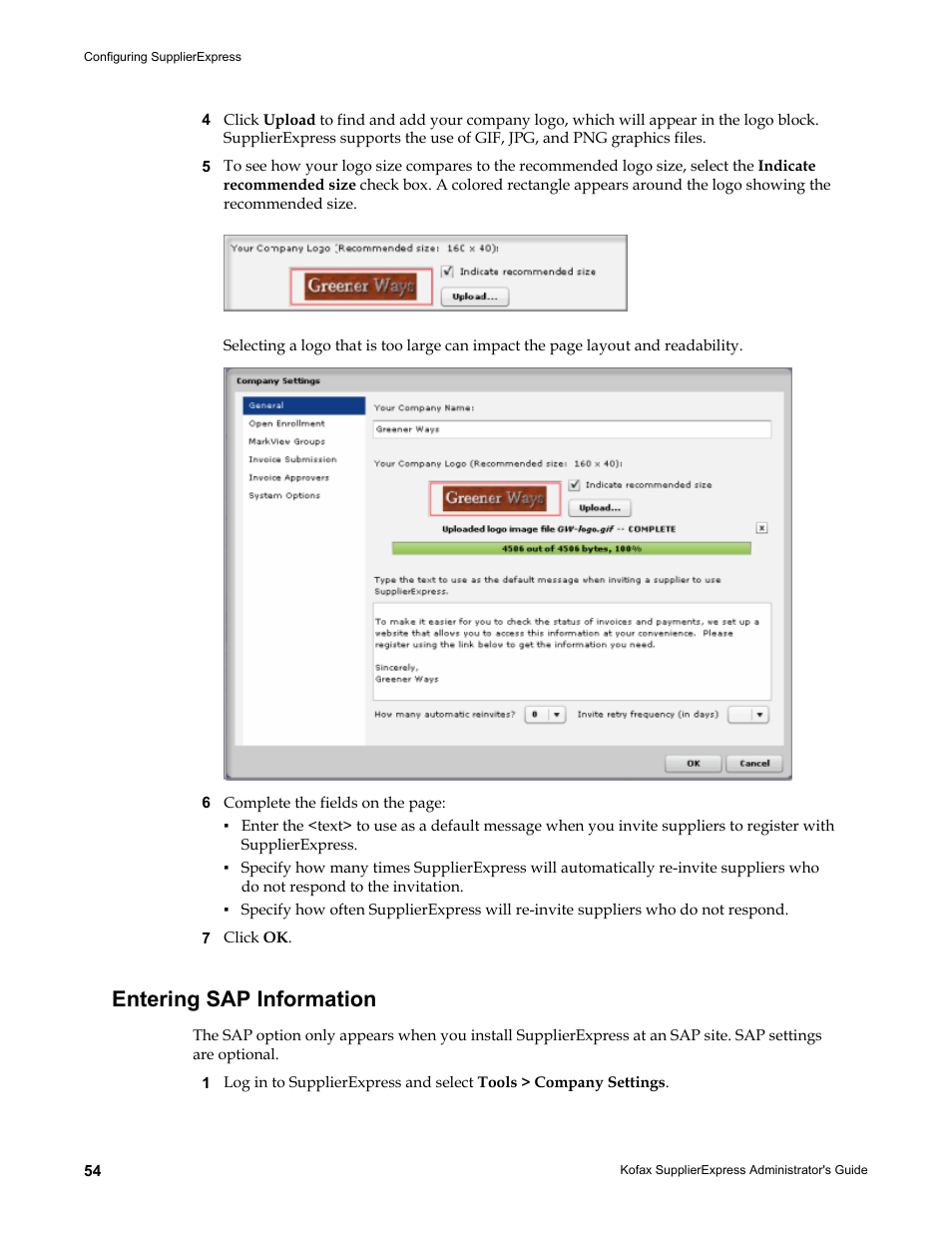 Entering sap information | Kofax SupplierExpress User Manual | Page 54 / 94
