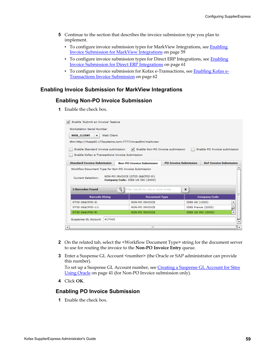 Enabling non-po invoice submission, Enabling po invoice submission | Kofax SupplierExpress User Manual | Page 59 / 94