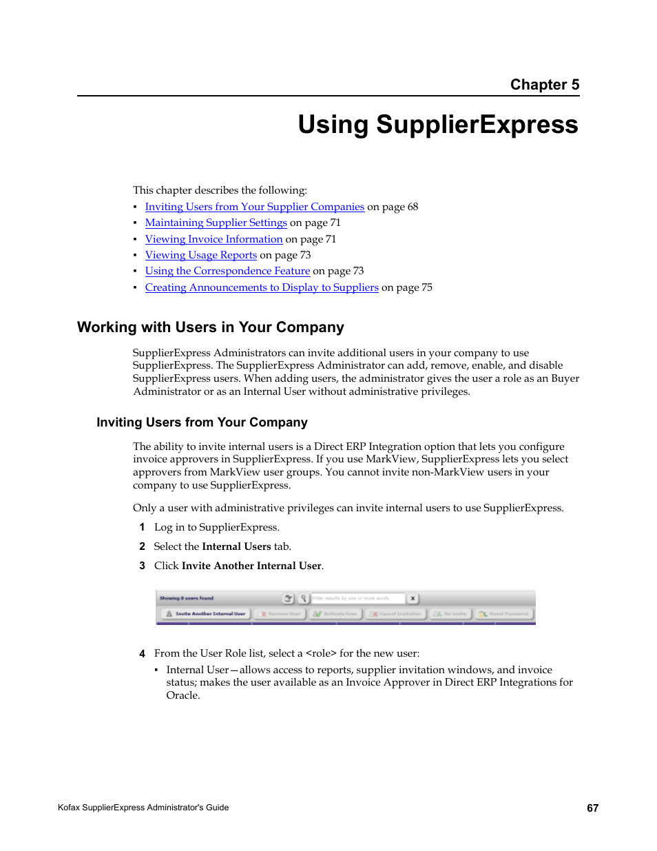 Using supplierexpress, Working with users in your company, Inviting users from your company | Chapter 5 | Kofax SupplierExpress User Manual | Page 67 / 94