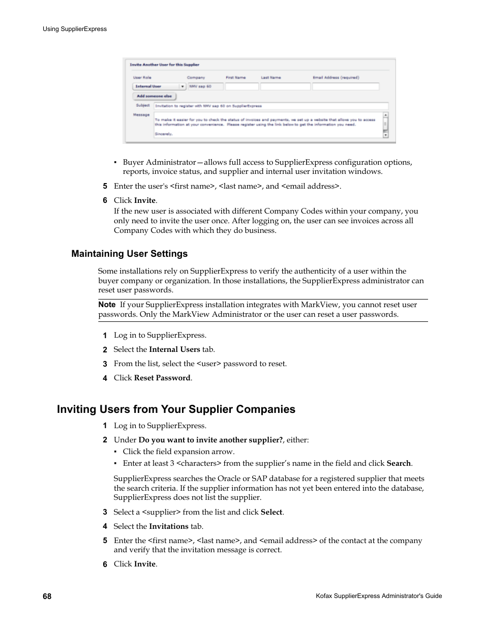 Maintaining user settings, Inviting users from your supplier companies | Kofax SupplierExpress User Manual | Page 68 / 94