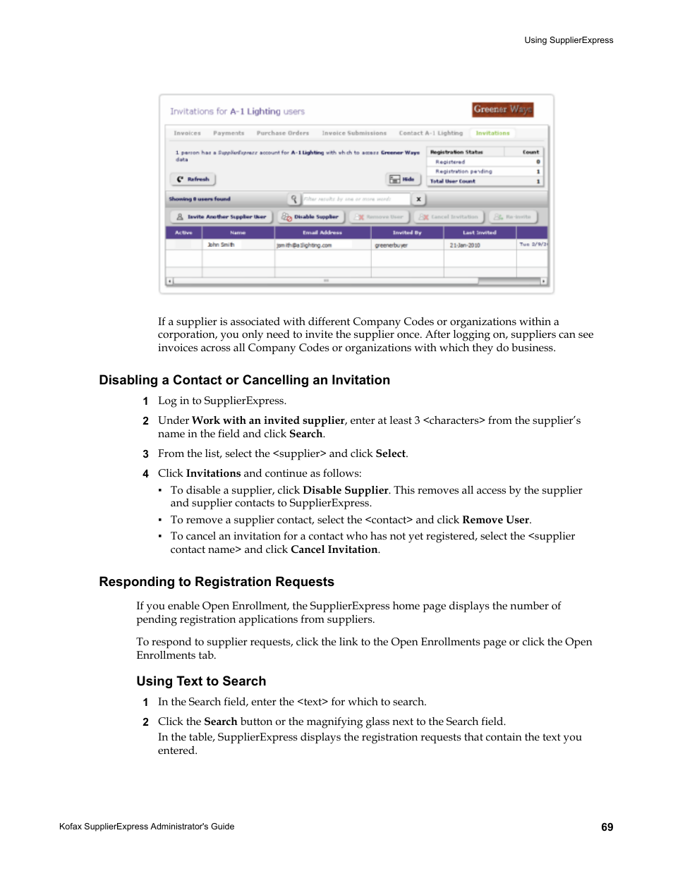 Disabling a contact or cancelling an invitation, Responding to registration requests, Using text to search | Kofax SupplierExpress User Manual | Page 69 / 94