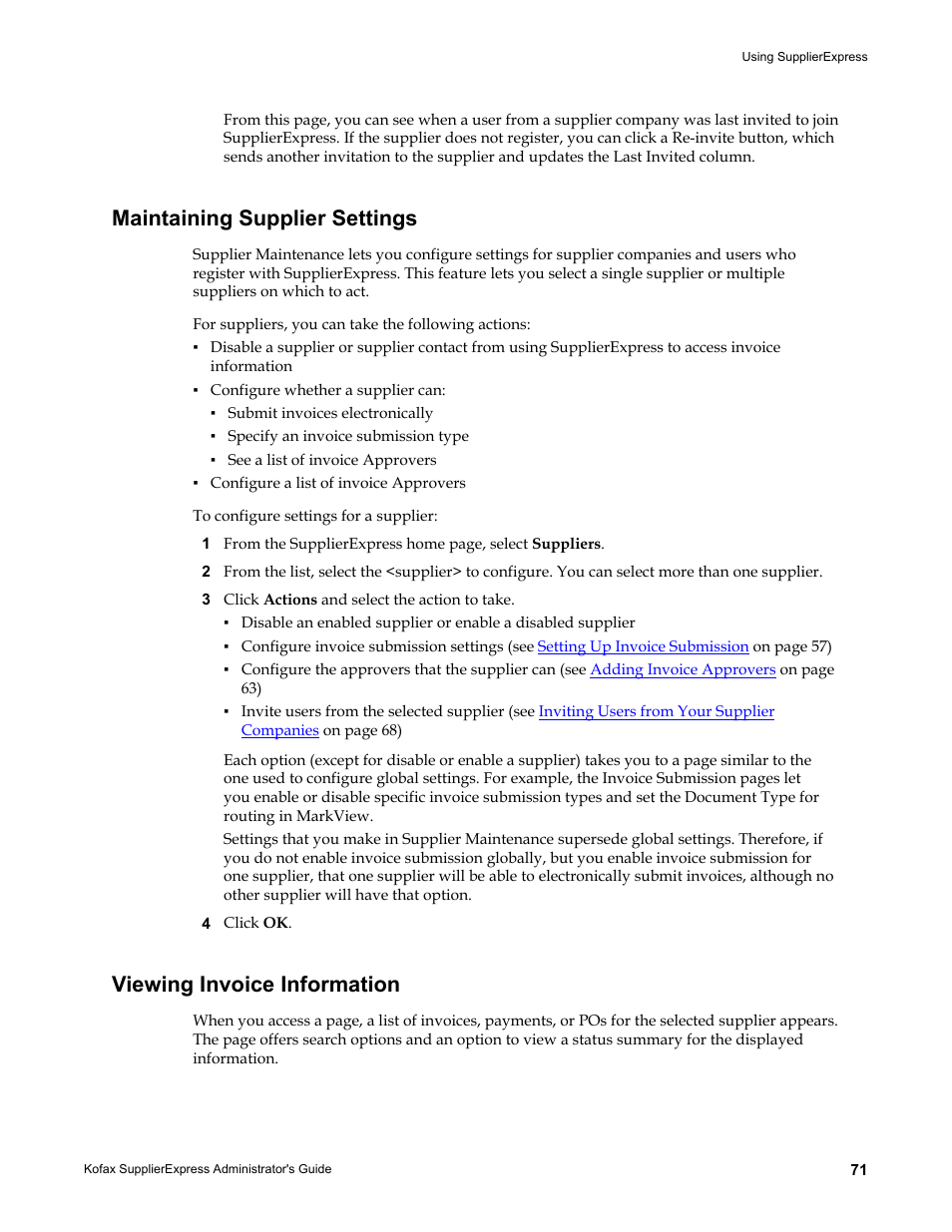 Maintaining supplier settings, Viewing invoice information | Kofax SupplierExpress User Manual | Page 71 / 94