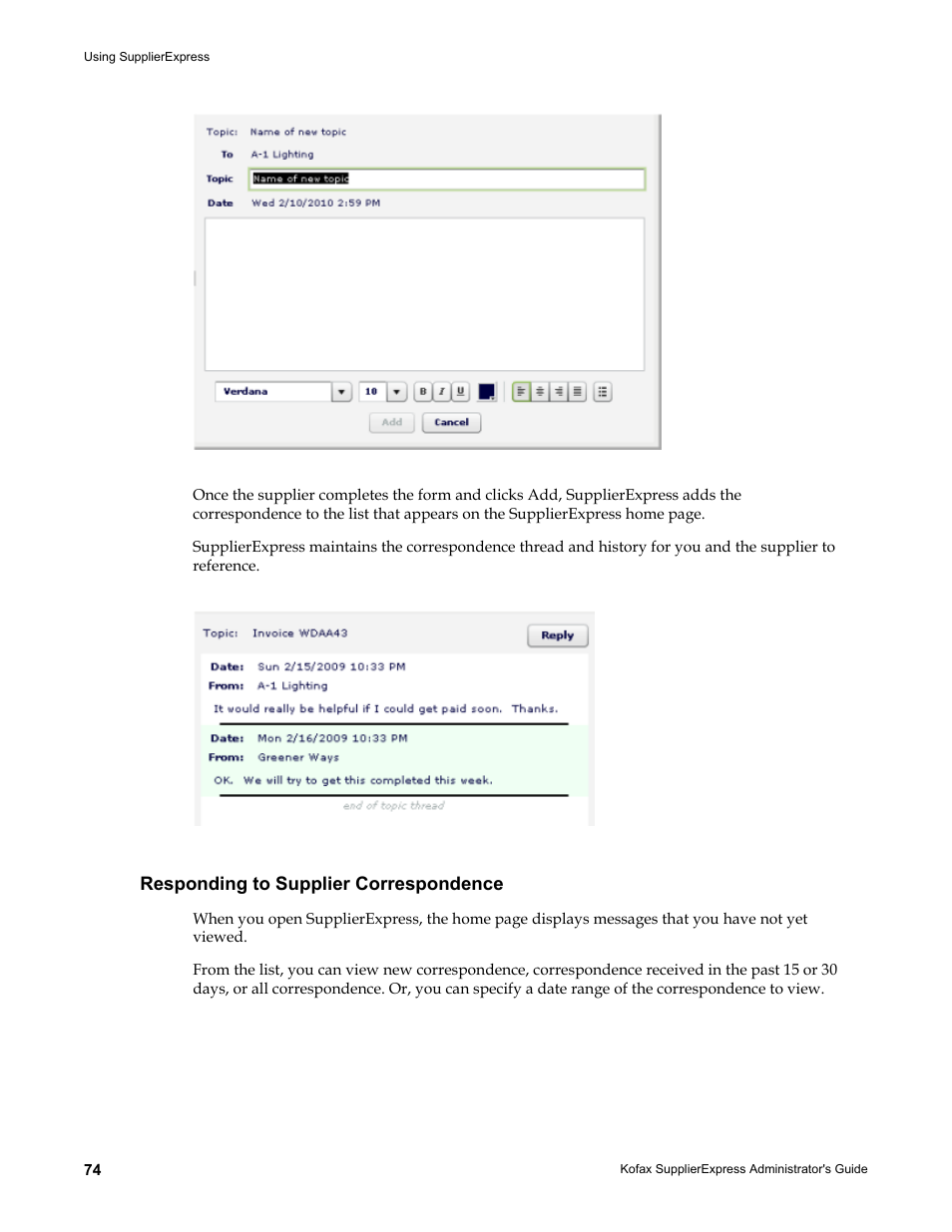Responding to supplier correspondence | Kofax SupplierExpress User Manual | Page 74 / 94