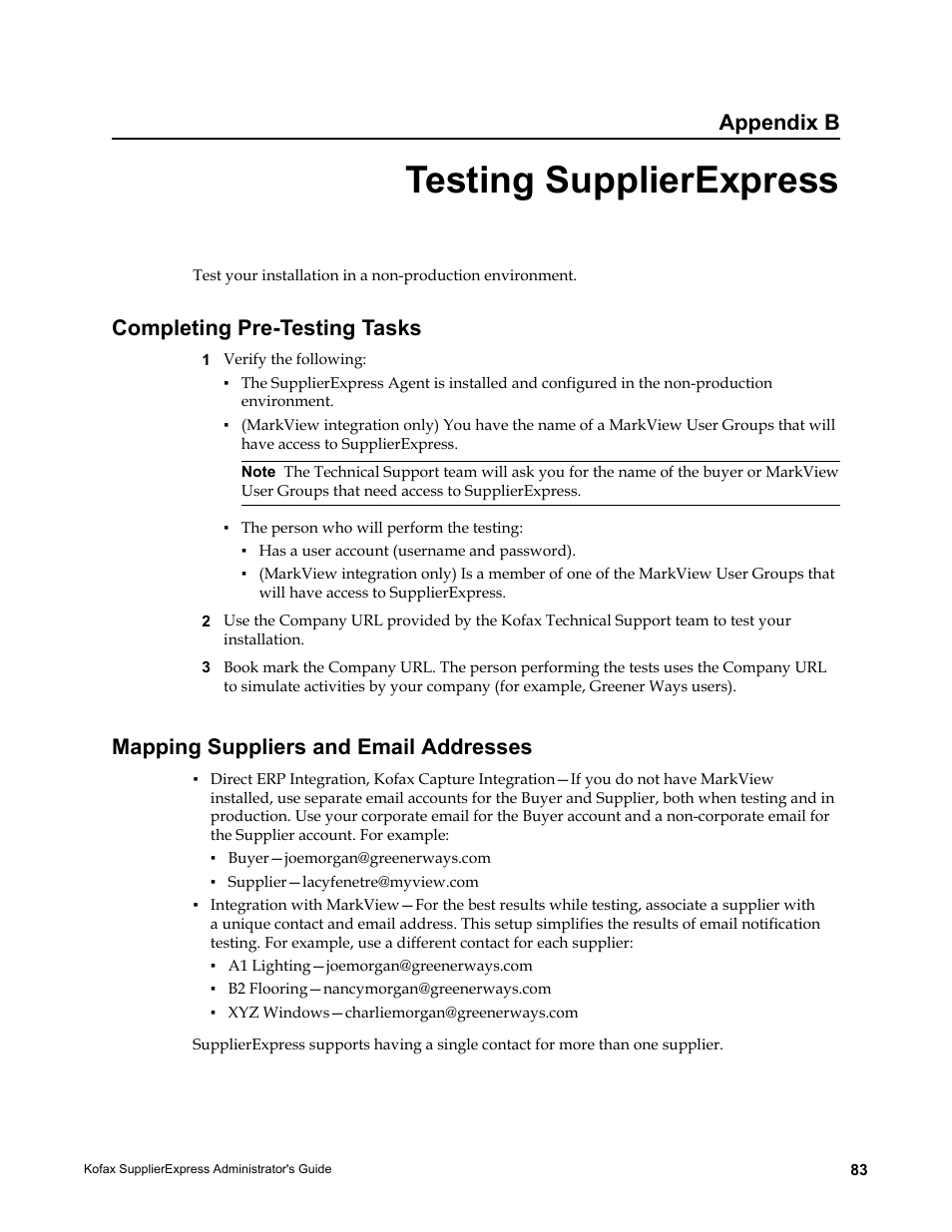 Testing supplierexpress, Completing pre-testing tasks, Mapping suppliers and email addresses | Appendix b | Kofax SupplierExpress User Manual | Page 83 / 94