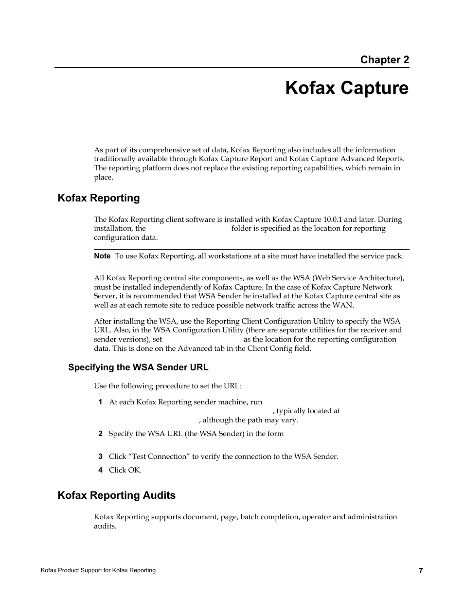 Kofax capture, Kofax reporting, Specifying the wsa sender url | Kofax reporting audits, Chapter 2 | Kofax Capture User Manual | Page 7 / 14