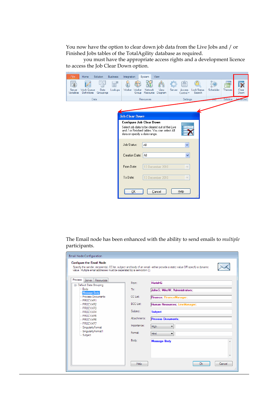 Job clear down, Email node – send multiple emails | Kofax TotalAgility User Manual | Page 24 / 28