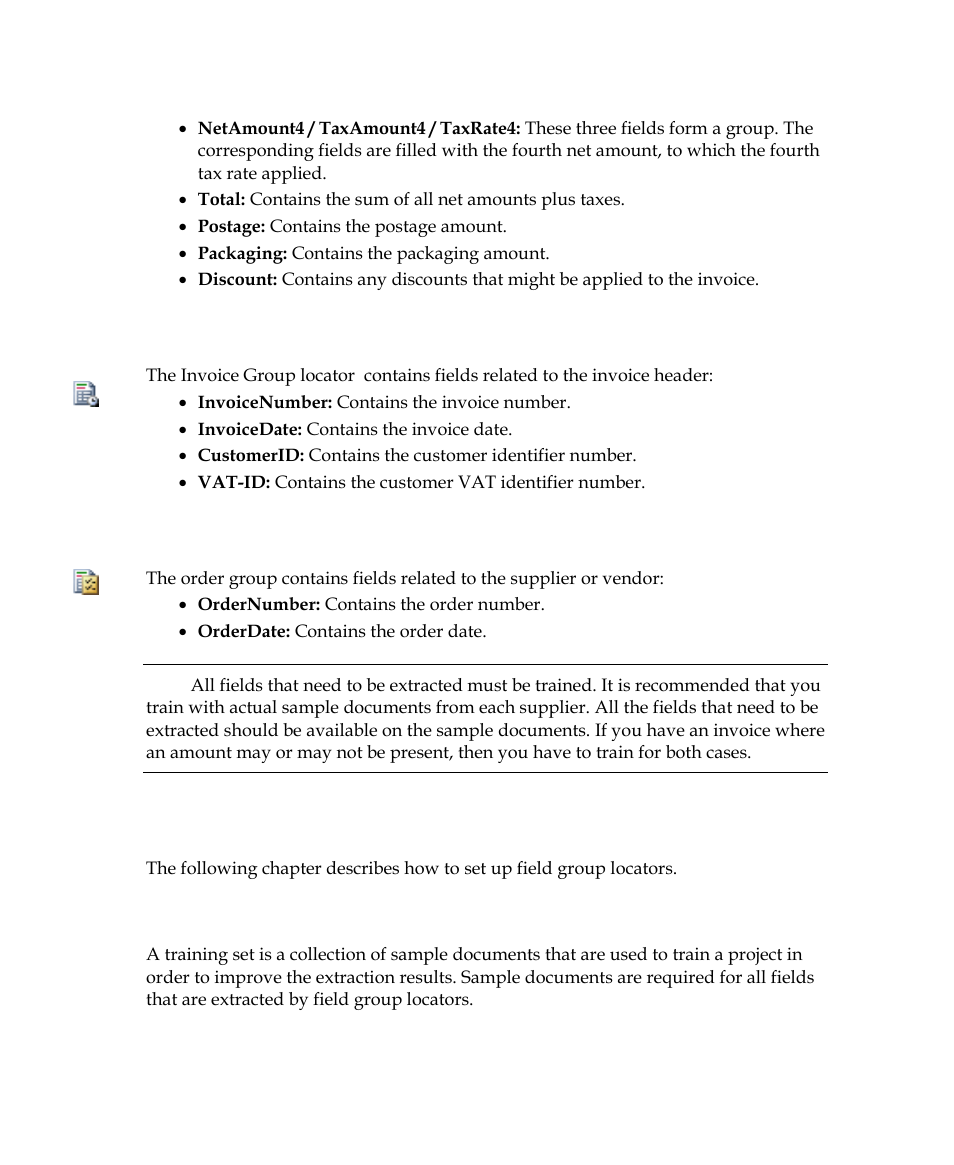 Invoice group locator, Order group locator, Setting up field group locators | Extraction training sets | Kofax Getting Started with Ascent Xtrata Pro User Manual | Page 151 / 623