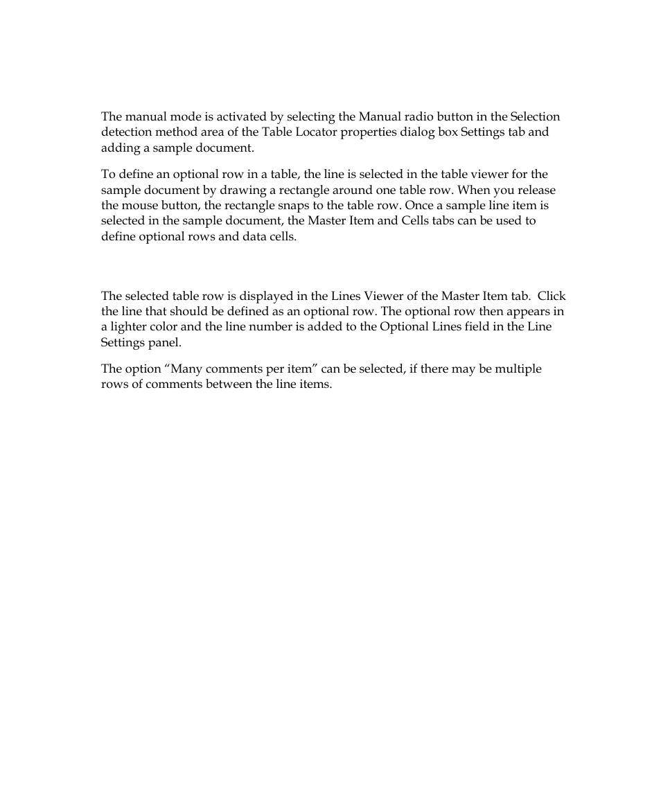 Manual mode, Optional rows and comments | Kofax Getting Started with Ascent Xtrata Pro User Manual | Page 225 / 623
