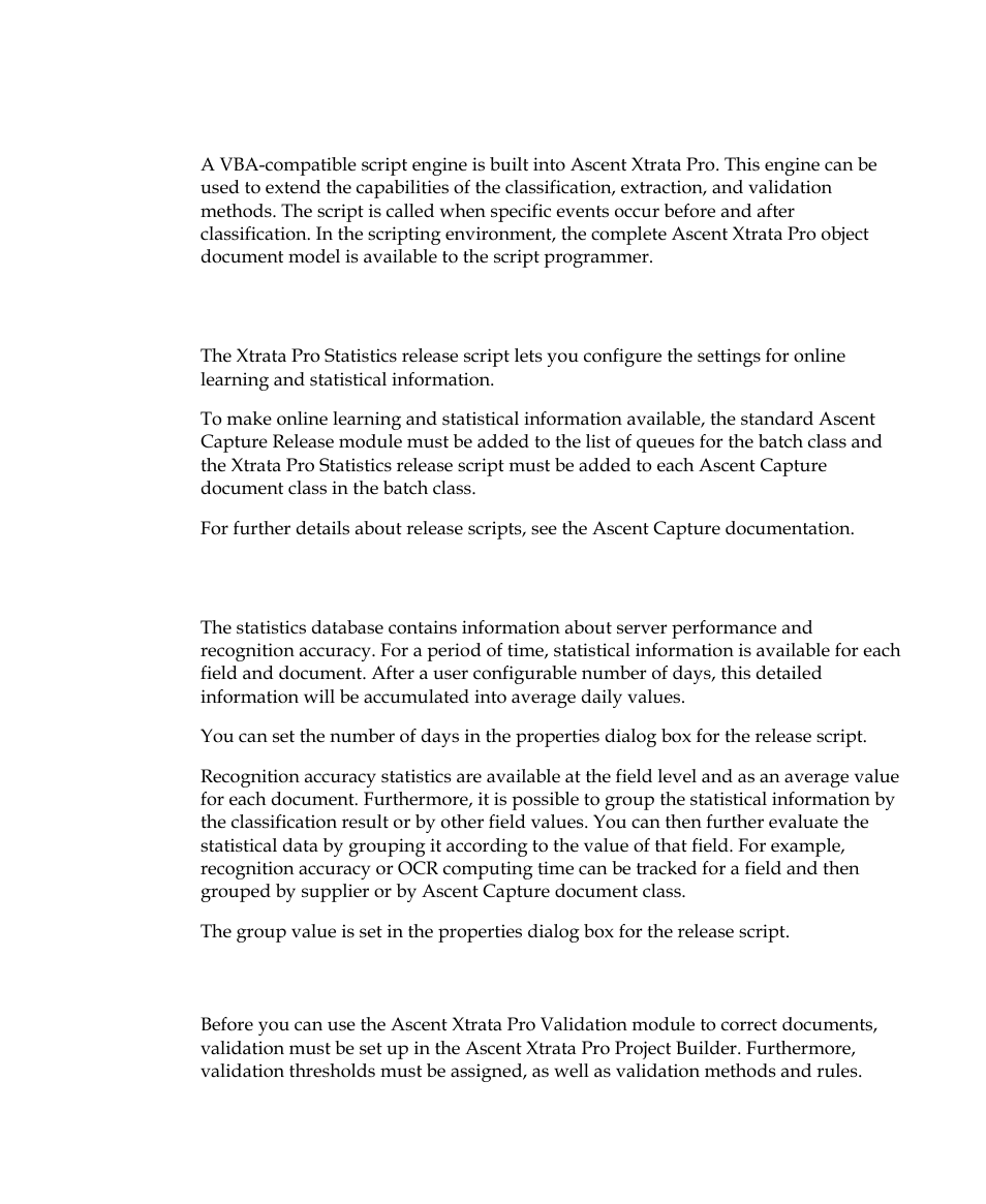 Script integration, Release script, Statistical information | Validation | Kofax Getting Started with Ascent Xtrata Pro User Manual | Page 30 / 623