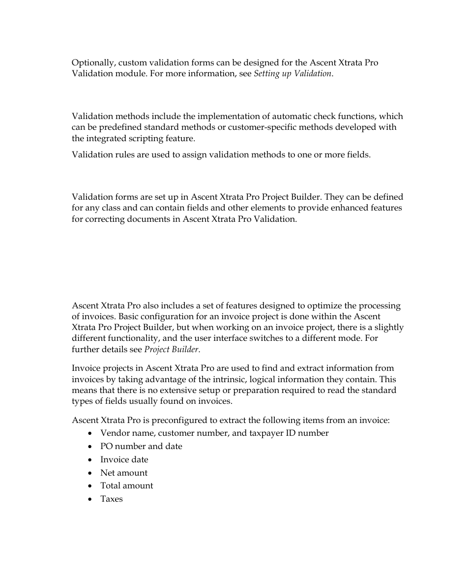 Validation methods and rules, Validation forms, Invoice processing | Kofax Getting Started with Ascent Xtrata Pro User Manual | Page 31 / 623